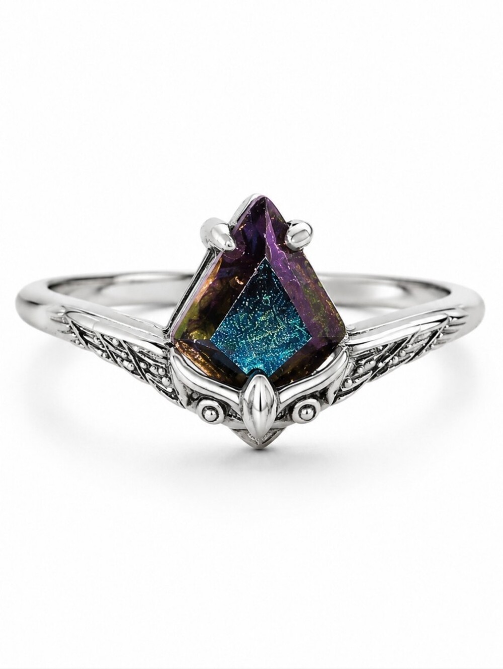 $7 When Bundled - Silver Owl Ring with Dark Rainbow Mystic Stone
